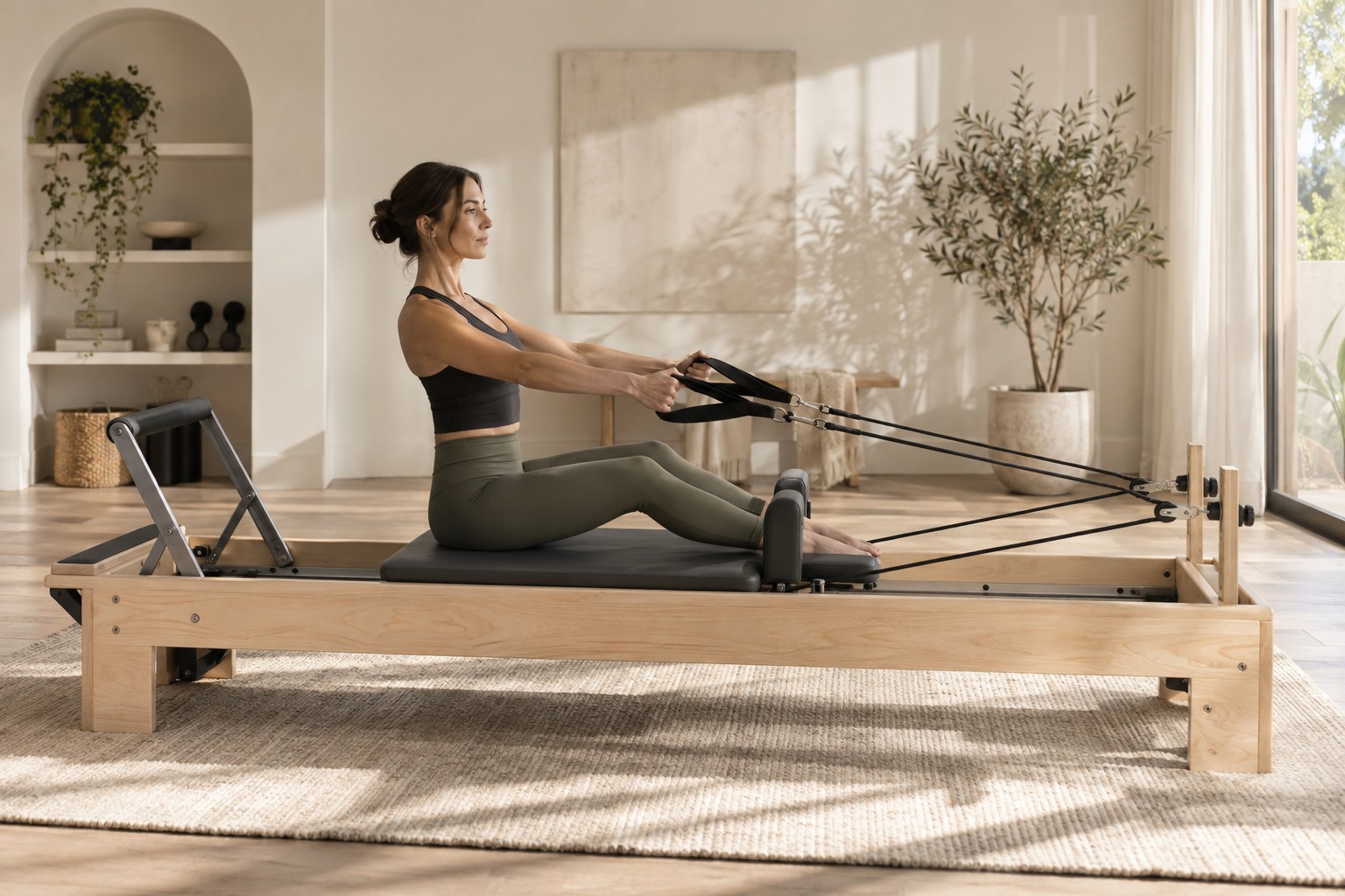 Reformer üzerinde kontrollü pilates egzersizi yapan kadın; temsili görsel